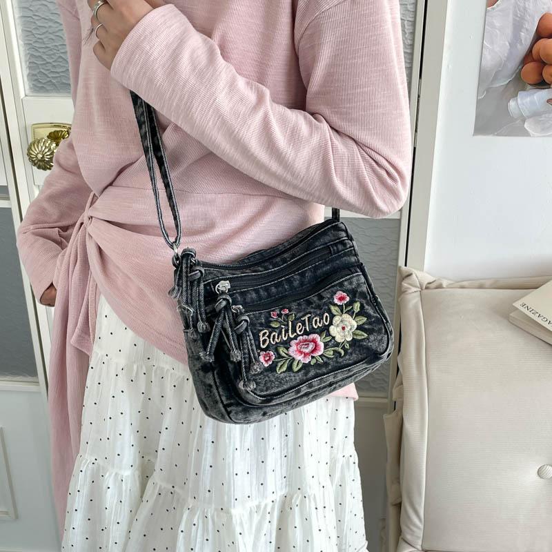Lightweight Denim Zipper Crossbody Bag Stitching Line Embroidery Decoration Bag Hot Sale Casual Youth Women's Shoulder Bags