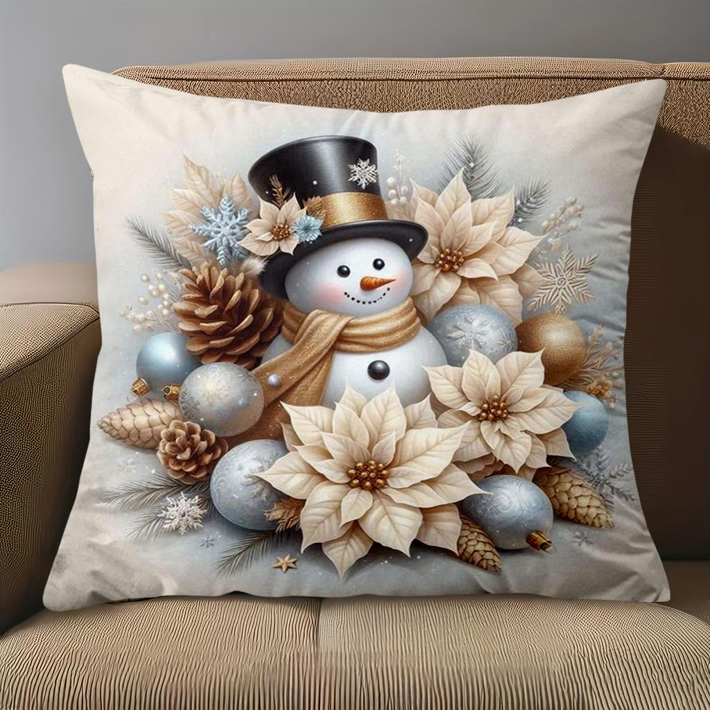 1 Pieces Christmas Snowman Decorative Pillow with Poinsettias Polyester Pillowcase, Sofa Decorative Cushion Cov