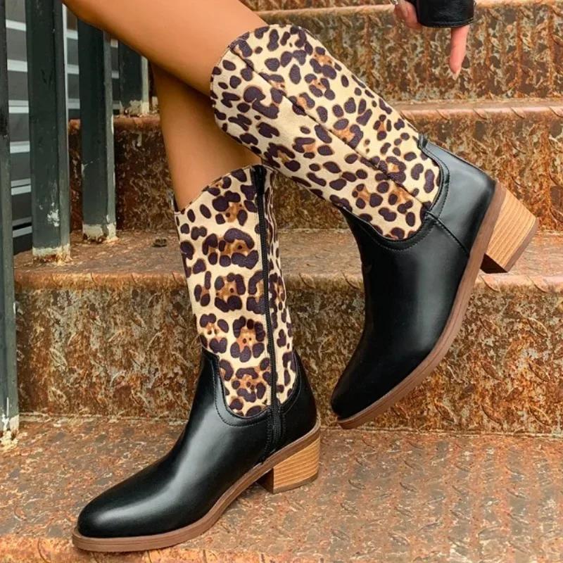 Fashion Mid-heel Chelsea Boots Women Leopard Print Fashion Warm Boots 2024 Brand Design Winter Punk Thick-soled Womens Boots Botas Mujer