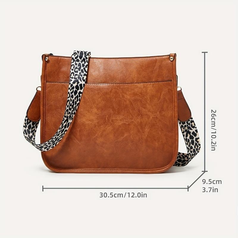 Bolso Bandolera de Cuero PU de Color Sólido Vintage Gran Capacidad Bolso de Hombro con Estampado de Leopardo Simple Bolso Tote de Moda Multifuncional