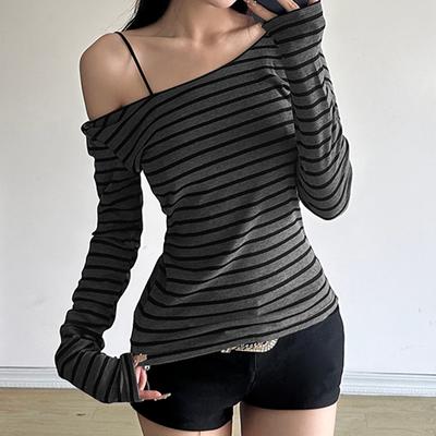 Maglietta a righe a maniche lunghe slim basic giapponese con spalle scoperte e scollo a V, stile coreano da strada, primavera autunno Y2K, grigia, da donna