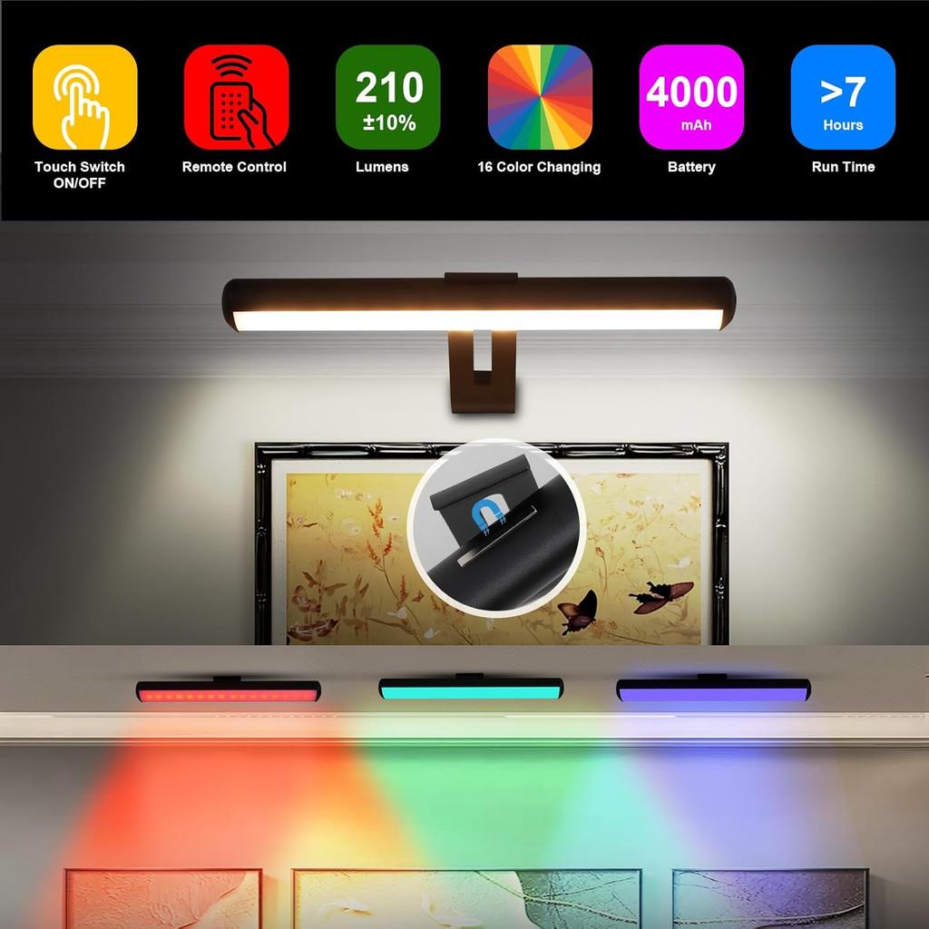 Picture Light 1 Pack, Battery Operated Picture Light with Remote, Rechargeable Picture Frame Light, 32 LED, 16 Color Changing, Art Light for