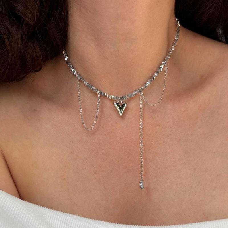 Boho Geometric Transparent Crystal Jewelry Fashion Vintage Sexy Zircon Heart Pendant Tassel Necklace For Women Neelry