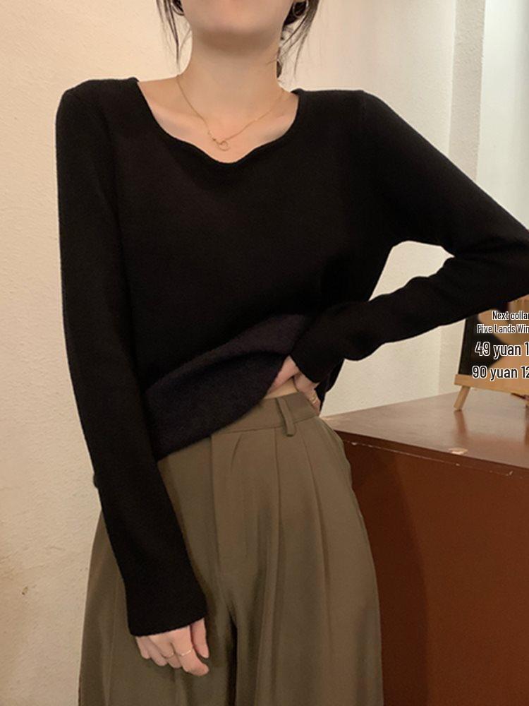 Women's Fleece-Lined Square Neck Sweater: Knit, Long Sleeve, Base Layer for Spring, Autumn, Winter 2025