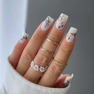 24 Pieces Jade White Wearable Nail Patch Gold Blue Splicing Leaf Nail Art Wearable Nail Patch