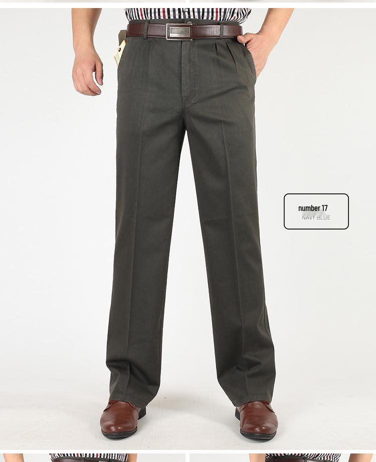 Pantaloni Casual de Vară din Bumbac cu Croială Largă pentru Bărbați - Talie Înaltă, Picior Drept, Cu Pliuri Duble pentru Bărbați de Vârstă Mijlocie și Vârstnici