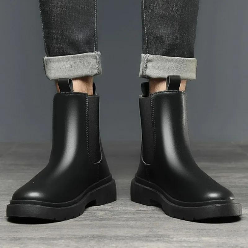 Men's Autumn Chelsea Boots Solid Color Black Retro Motorcycle Ankle Boots for Men Outdoor High Top Casual Shoe Botas Para Hombre