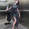 Large size casual short-sleeved T-shirt dress for women's spring waist and thin straight skirt, pear-shaped figure split-ended long skirt