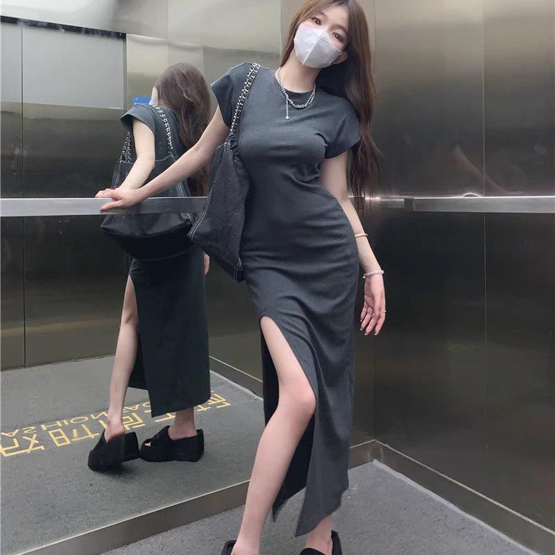 Large size casual short-sleeved T-shirt dress for women's spring waist and thin straight skirt, pear-shaped figure split-ended long skirt