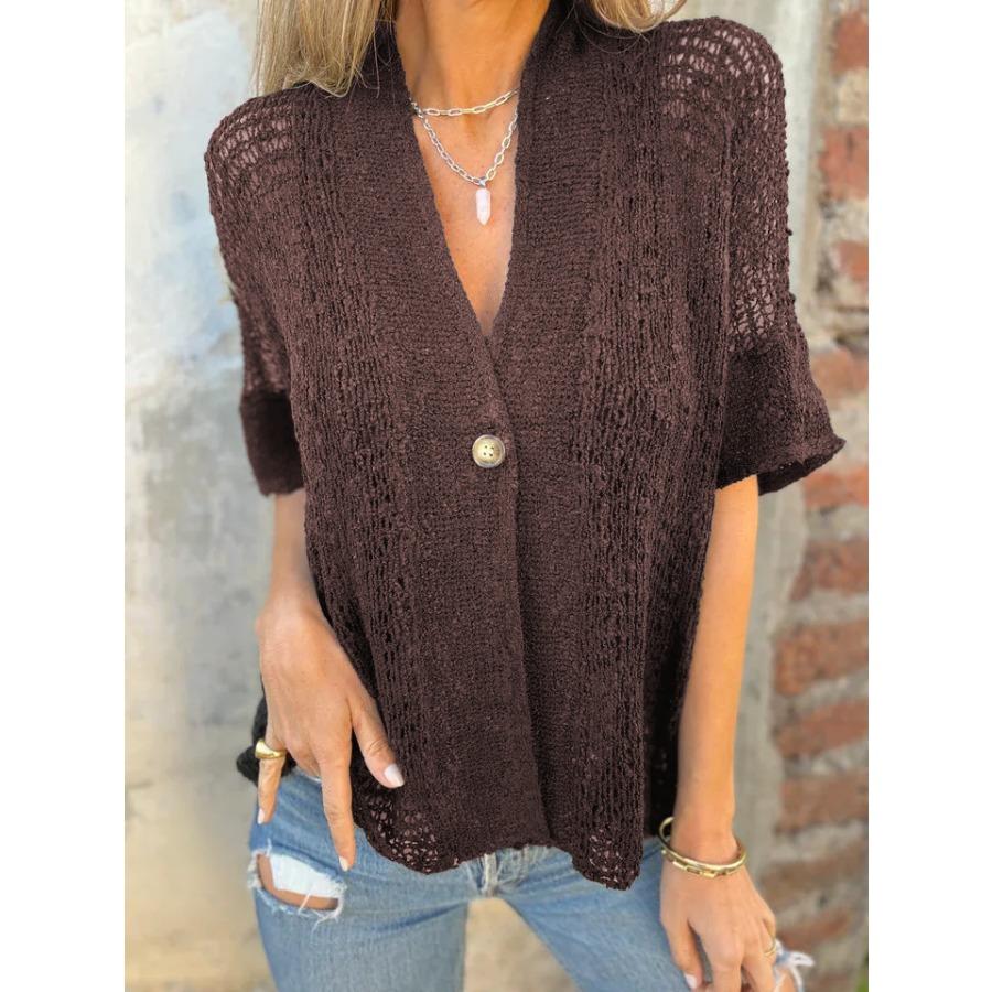 New women s clothing spring and autumn women s one-button medium-sleeved hollow-knit cardigan top 3XL темно-коричневого