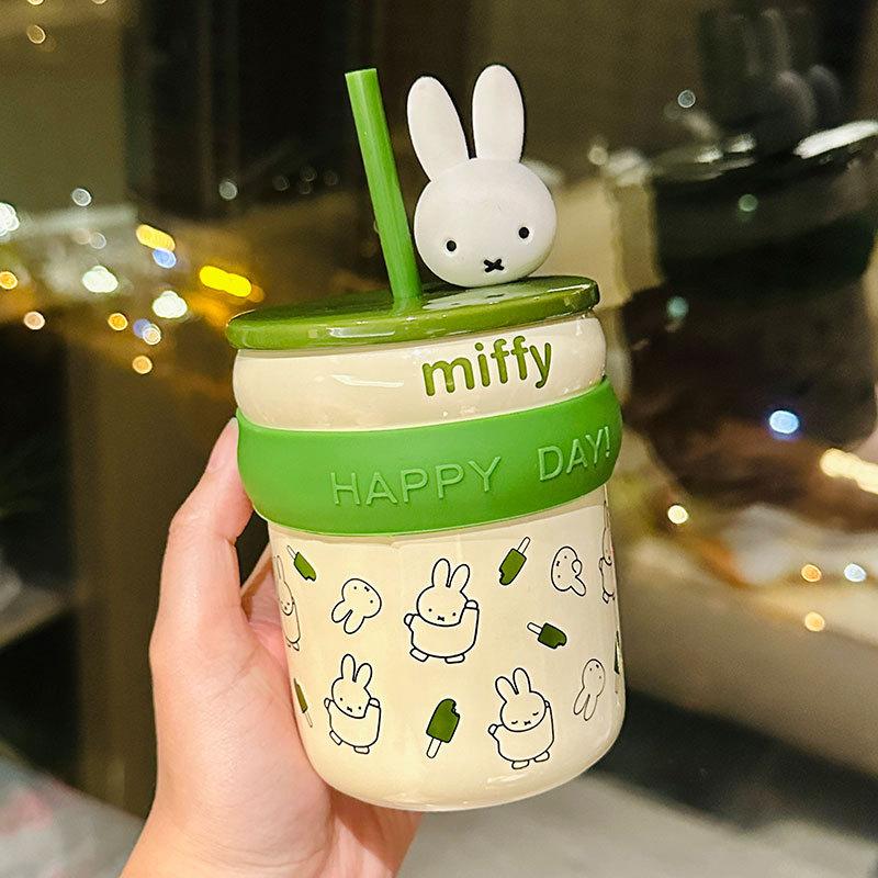 Cartoon Ip Miffy Rabbit Ceramic Straw Water Cup Cute Afternoon Tea Mug Girl Heart Personality Gift 450ml