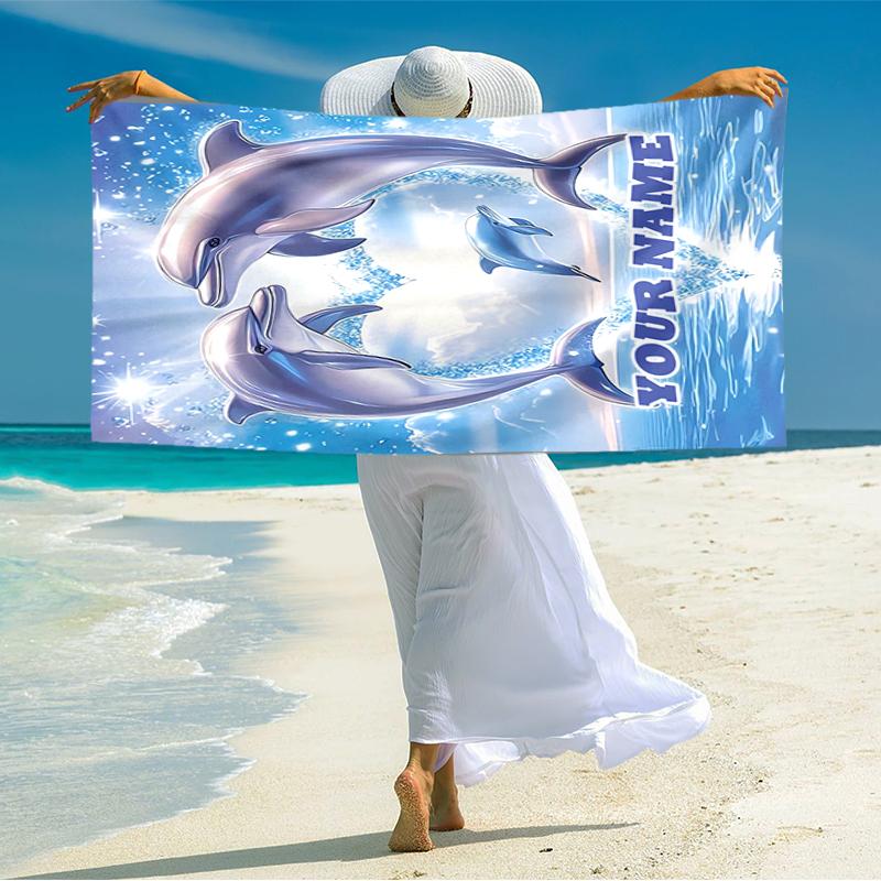 1PC Custom Name Dolphins Harmony Beach Towel Highly Absorbent And Sand-Resistant Towel for Swimming, Pool, Yoga, And Travel Lightweight
