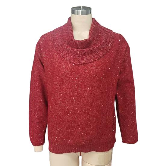 Women Tops Swing Collar Long Sleeve Shiny Rhinestones Pullover Tops Loose Fit Solid Color Flash