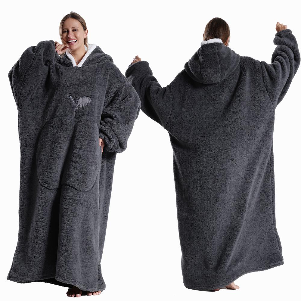 Plush Oversized TV Blanket with Sleeves Super Long Flannel Vintage Wearable Blanket Winter Hoodie for Adults Gray Fleece Blanket