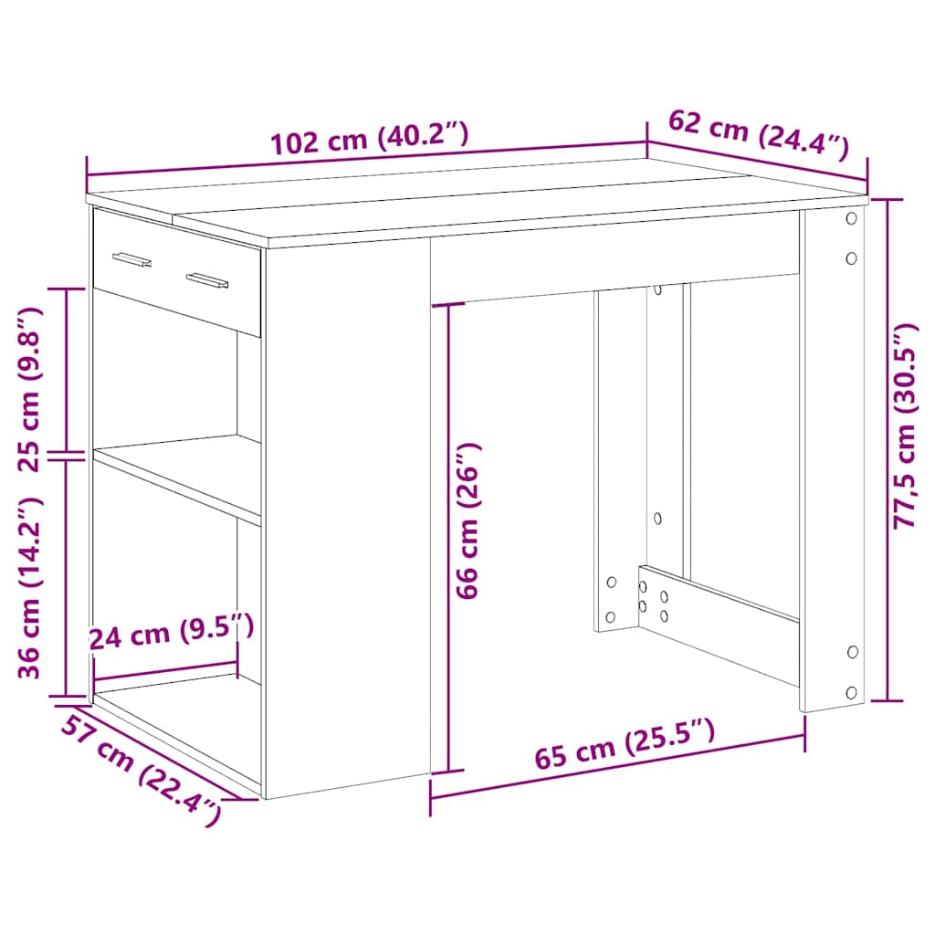 Desk with Drawers and Shelf Smoked Oak 102 x 62 x 77.5 cm