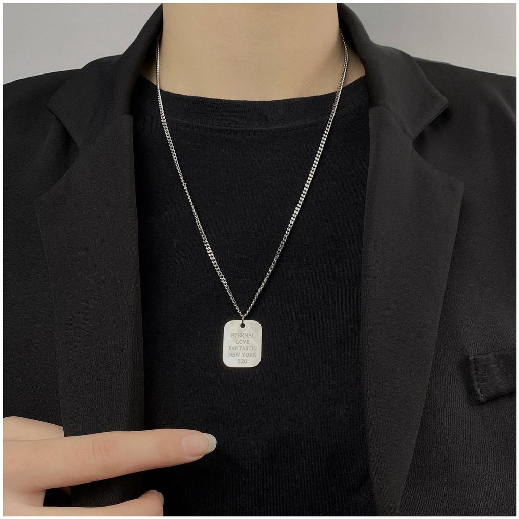 Ins Personalized Hip-hop Trendy Brand Titanium Steel Necklace Men's Simple Letter Square Brand Pendant Long Item Decoration