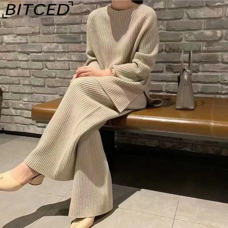 

BITCED Непринужденный стиль, элегантный однотонный, повседневный и элегантный, вязаный свитер с разрезами, широкие брюки, комплект из двух предметов для женщин One size абрикосовый