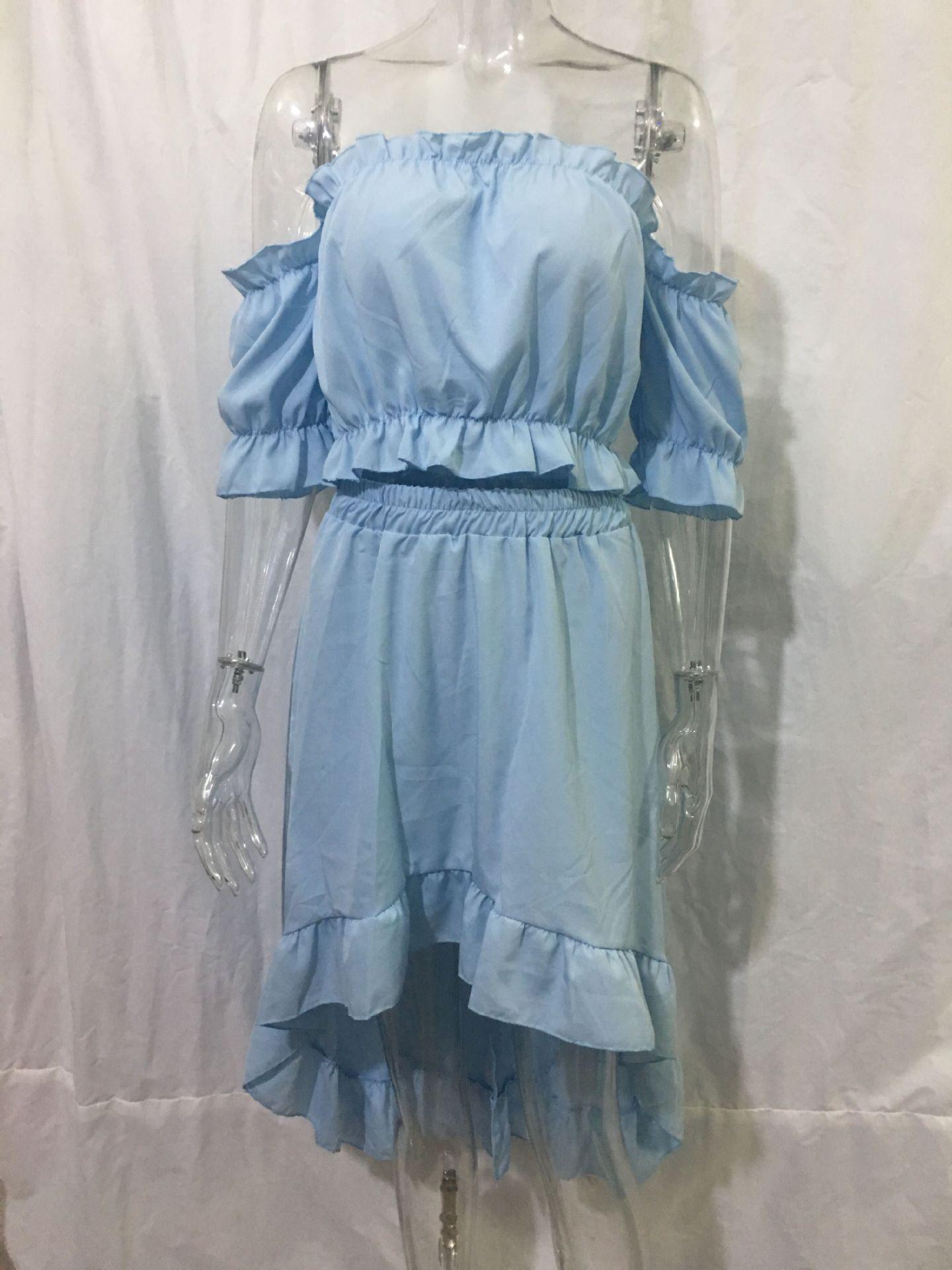 

Сплошной цвет с воротником из одного слова, сексуальная верхняя юбка без талии с пышными рукавами, женский костюм из двух частей XL синий