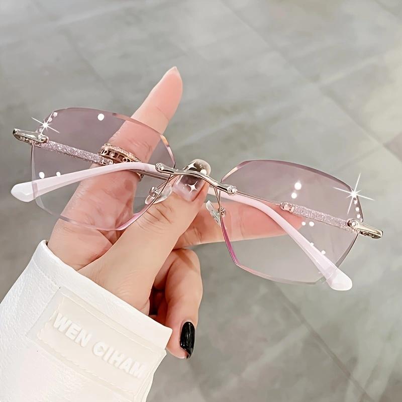 Elegant Rimless Hexagonal Reading Glasses, Blue Light Blocking, Polycarbonate Lens, Rhinestone Embellished, with Metal Hinge