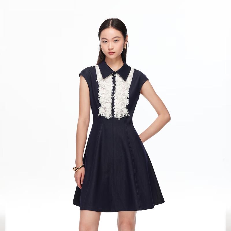 VEROMODA Women's A-Line Lace Lapel Collar Midi Dress