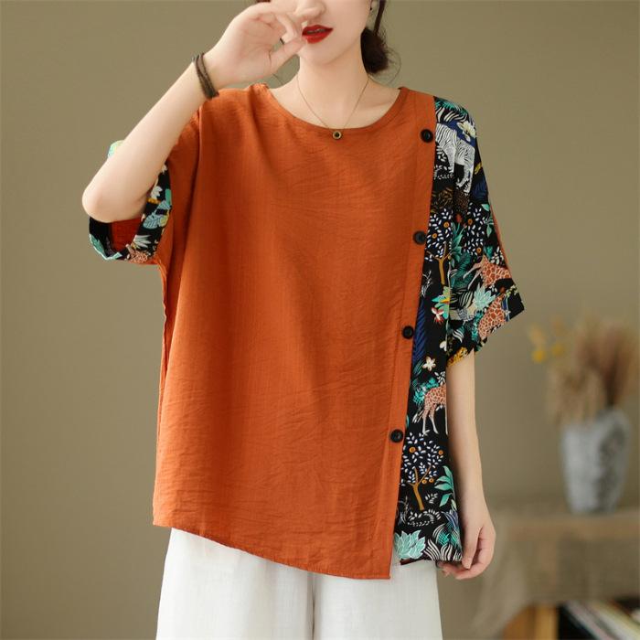 Vintage Print Patchwork Tops Summer Short Sleeve Irregular Loose Plus Size Casual T Shirts Fashion Elegant Women Clothing