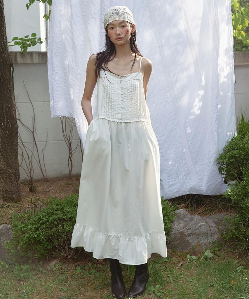 Lonkeu Lace Pintuck Sleeveless Dress (Ivory)