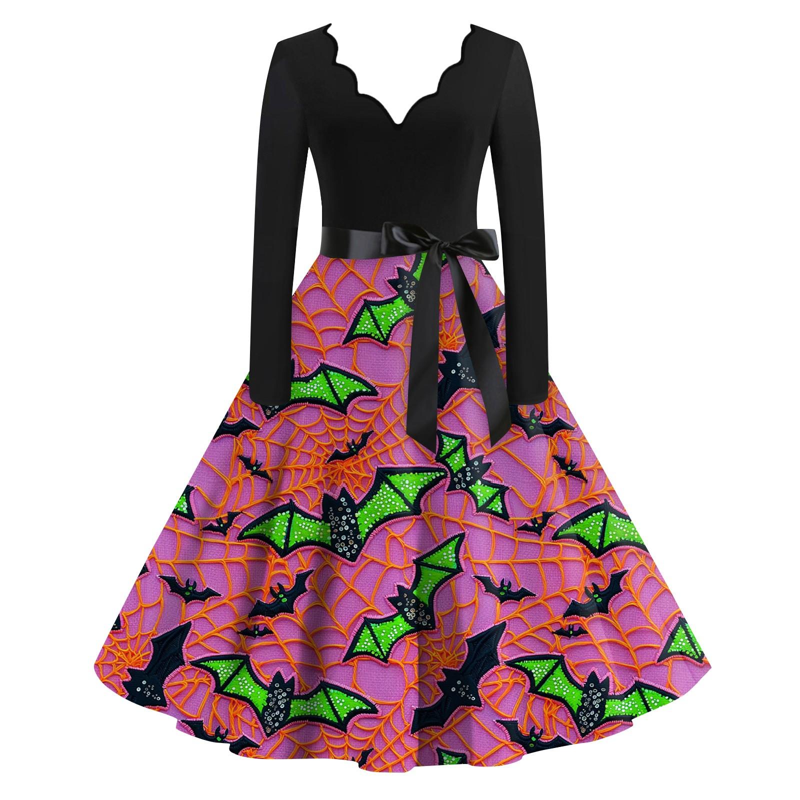 

Женская повседневная мода с длинным рукавом Хэллоуин принт винтажные длинные платья осень M розовый