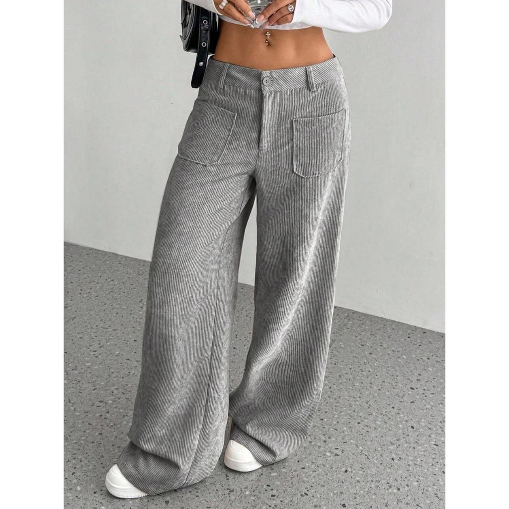 Corduroy-Textured Women's High-Waisted Wide-Leg Pants | Relaxed Fit, Side Pockets & All-Season Comfort, Machine Washable Beige Trousers