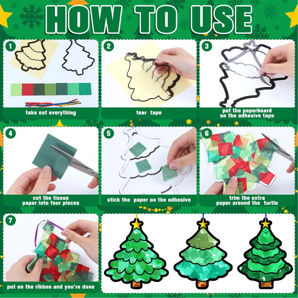 32 Pcs DIY Xmas Tree Shaped Suncatchers Xmas Tree Suncatchers Crafts for Christmas Holiday Home Window Art Decor