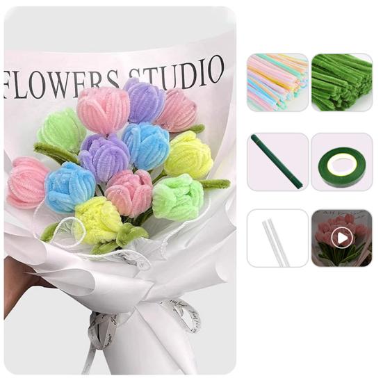 

200 Pcs Pipe Cleaners Craft DIY Pipe Cleaner Flower Making Kit Colored Chenille Stems Bulk with Floral Wires Gardening Tape for Art Craft Supplies