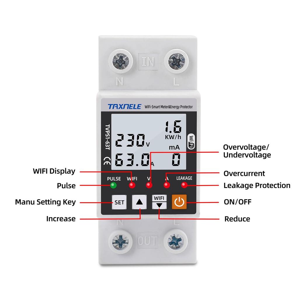 WiFi Smart Energy Meter AC 63A 80-300V WiFi Smart Earth Leakage Over Under Voltage Protector Relay Device Switch Breaker Energy Power kWh Meter Smart