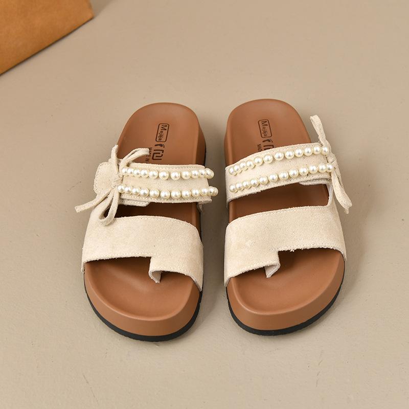 One-and-a-half slippers women's summer wear new pearl one-pedal shoes flat sandals lazy sandals