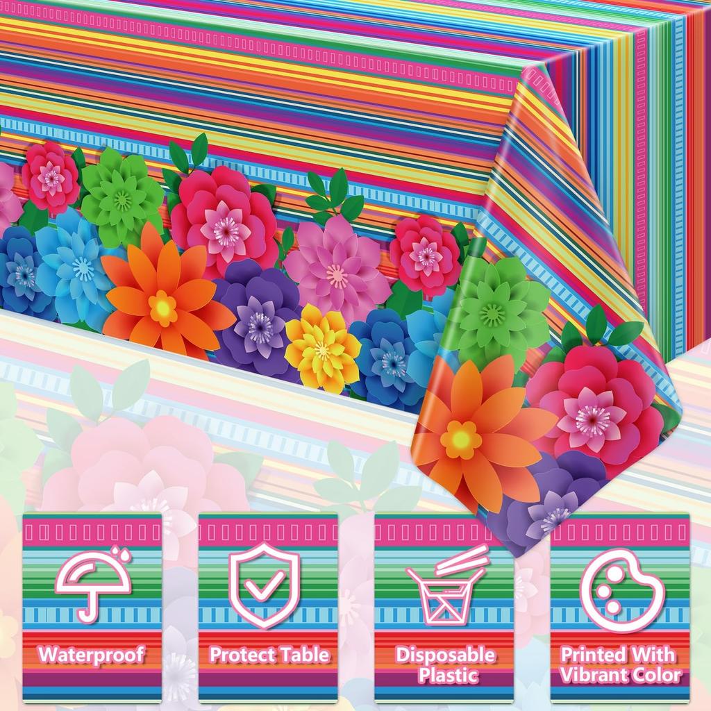 4PCS Mexican Holiday Theme Table Cloth Mexican Fiesta Tablecloths Cinco De Mayo Table Cover Mexico Colorful Striped Paper Flower Table Cloth for