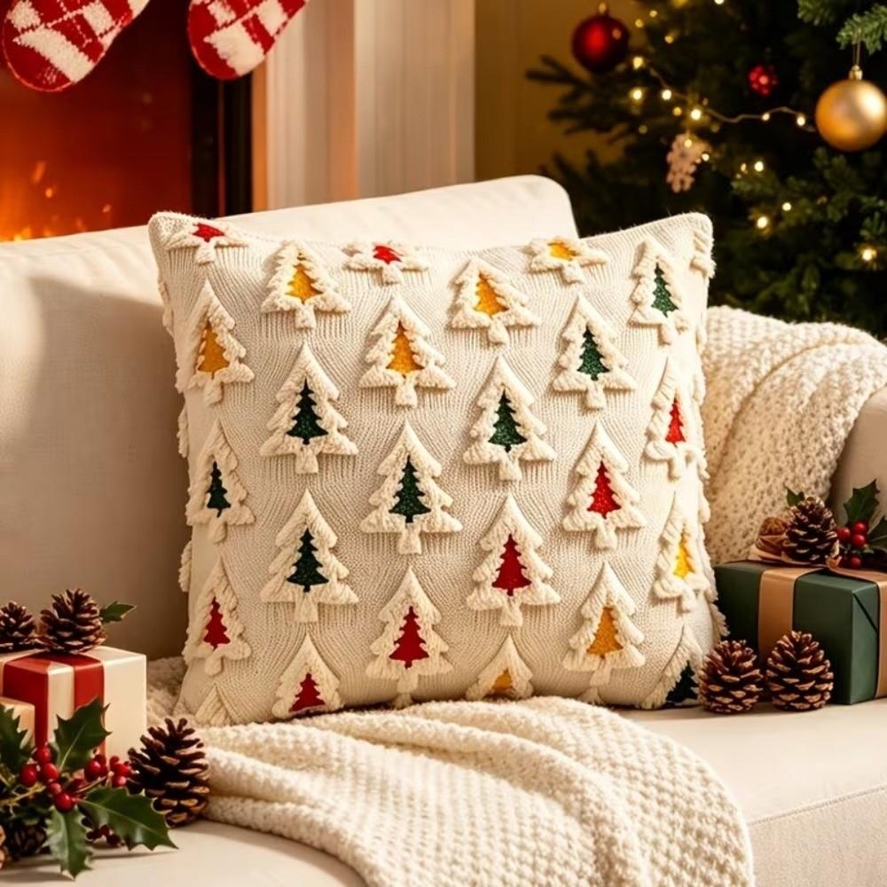 Velvet 3D Colorful Christmas Tree Throw Pillow Covers Embroidered Soft Cushion Covers Plush Vintage Pillow Case Living Room