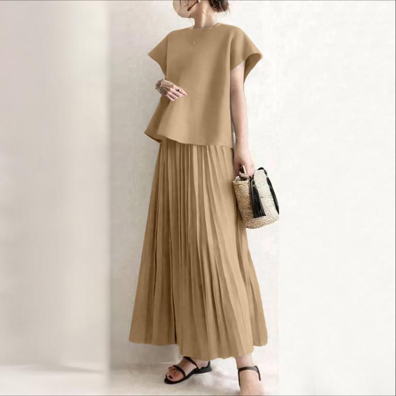 

ZANZEA Женский летний комплект из двух частей: блузка с коротким рукавом и длинные юбки 5XL хаки