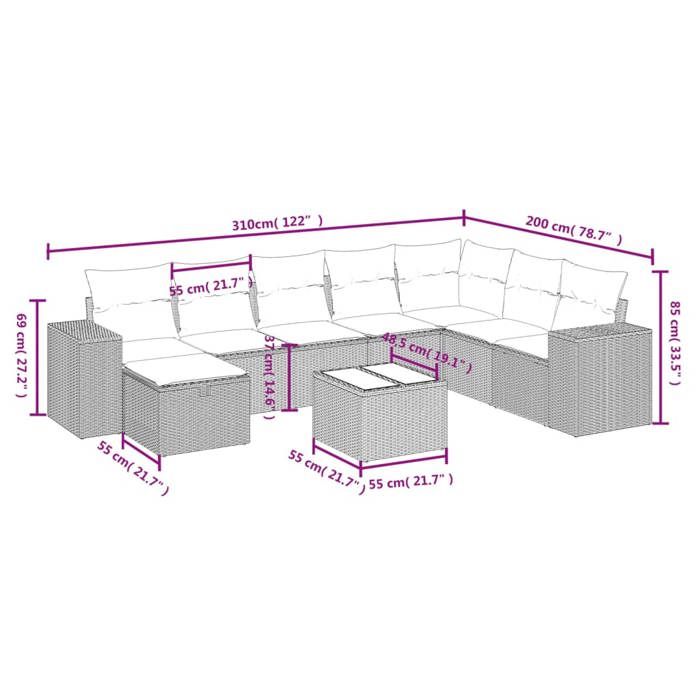 VidaXL Garden Lounge Set with Cushions 9 Pcs, Patio Sofas, Patio Furniture Set, Outdoor Furniture, Grey 3264526