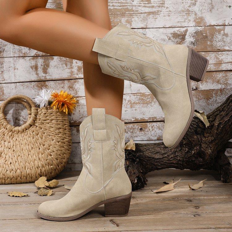 Damskie brązowe buty westernowe o szerokiej szerokości, botki do połowy łydki z okrągłym noskiem, damskie botki na kostkę na vintageowym masywnym obcasie