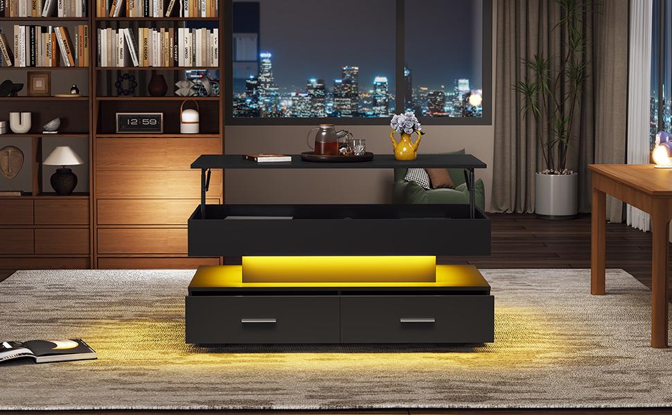 100*50*44cm Hydraulic Height-adjustable Coffee Table, with LED Lighting, Bluetooth App Control, 2 Drawers and Open Storage, Black Liftable