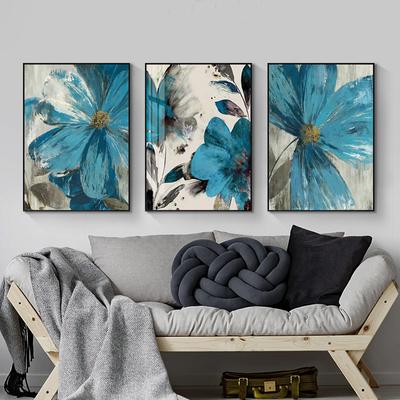 Blue Paint Flowers Canvas Painting Poster Blooming Life Botanical Print Abstract Vintage Wall Art Picture for Living Room Decor