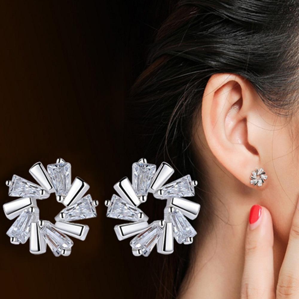 Exquisite Flower Zircon Stud Earrings for Women Geometric Rhinestone Silver Needle Earring Girl Party Birthday Gifts