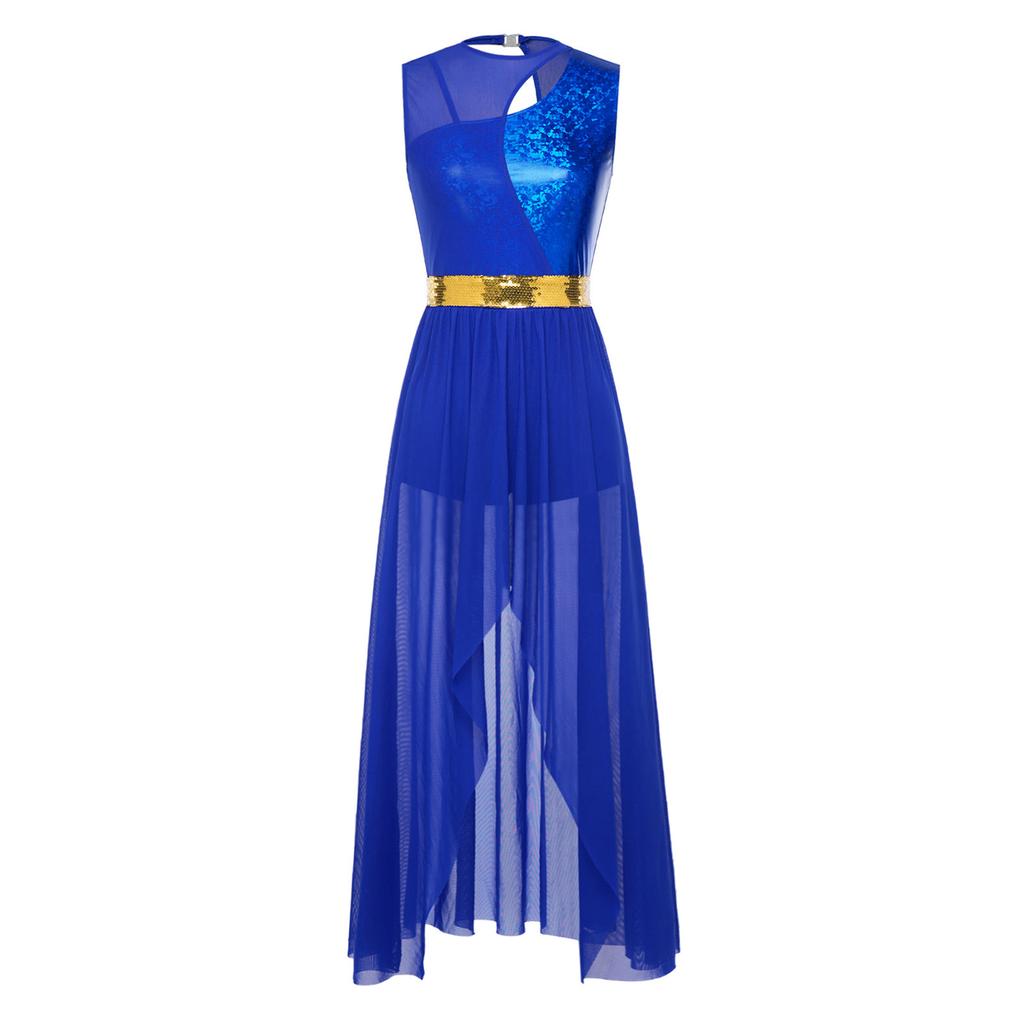 Women Lyrical Worship Dance Dress Sequined Waist Belt Sleeveless Metallic Shiny Patchwork Irregular Mesh Hem Built-in Shorts for Church Liturgical