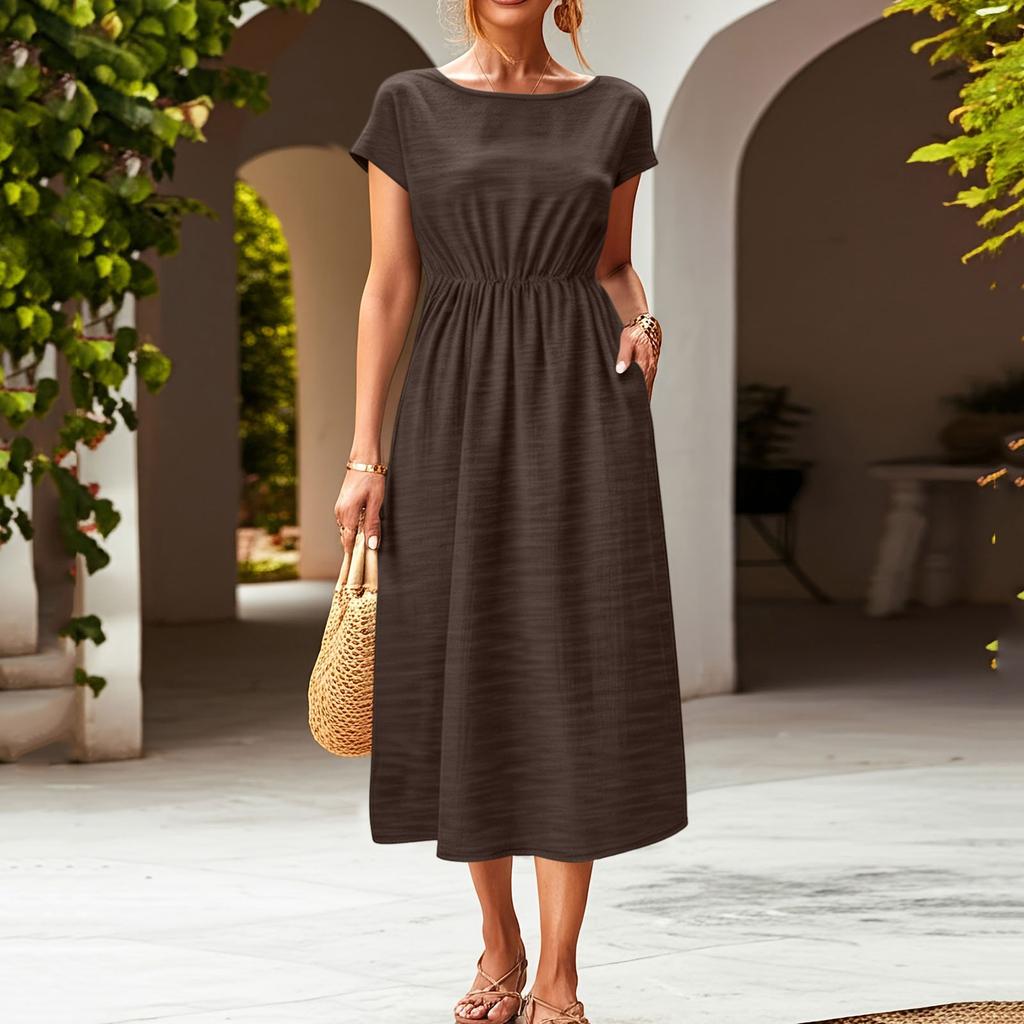 Women Short Sleeve Crew Neck Pocket Waist Cinched Loose Fit Casual Midi Dress for Everyday Wear Work Vacation