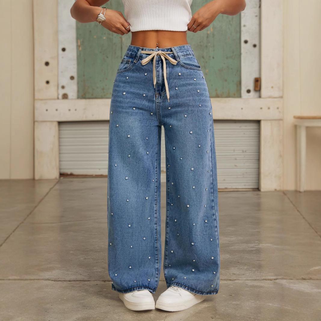 

Women s Summer High Waist Beaded Jeans - Slimming, Versatile, Floor-Length, Wide-Leg Pants Large синий