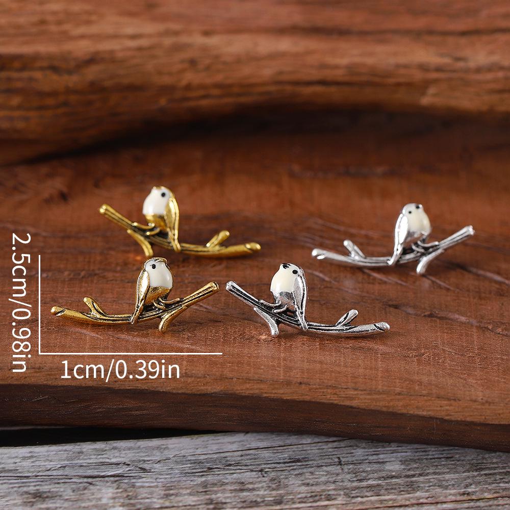 European & American Retro Bird Branch Jewelry Set: Drip Oil Earrings, Ring & Necklace