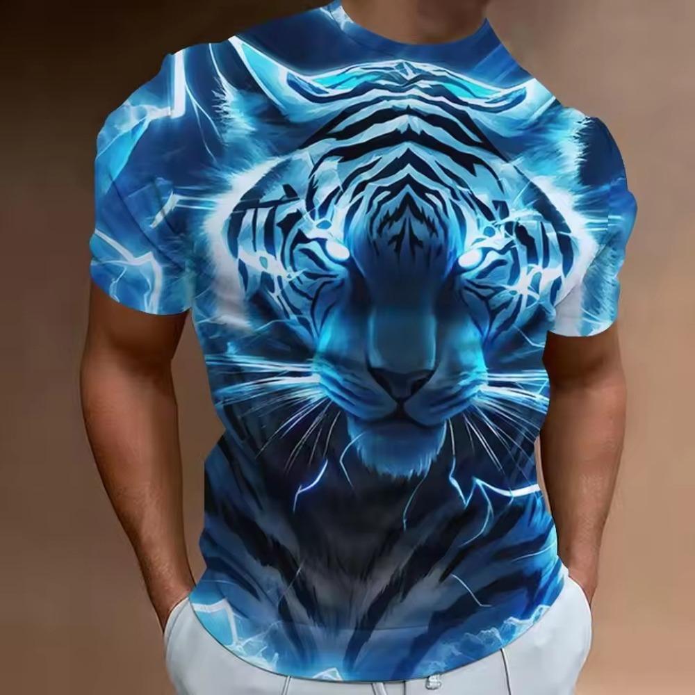 Streetwear Men's Casual T-shirt 3D Digital Printed Tiger Pattern Round Neck Short Sleeved Loose Summer Top Men's T-shirt