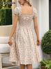 Women's Bubble Sleeve Long Dress, Sweet Style Floral V-Neck Ruffled Elegant Charm Dress