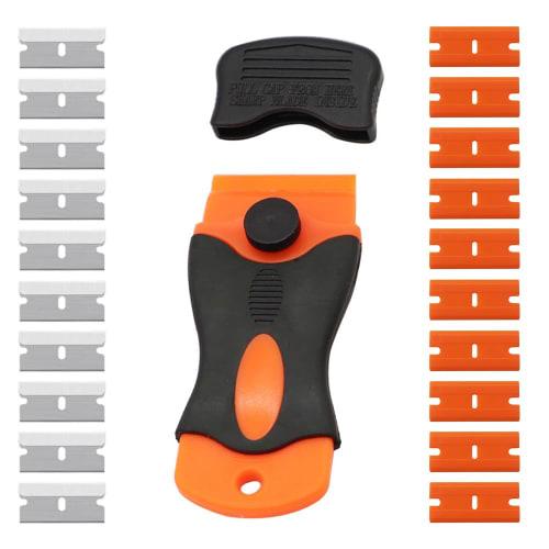 Scraper for Removing Stickers from Plastic Pockets and Glass. Single-ended Spade with Two Replacement Blades (10 Plastic Blades and 10 Stainless Steel
