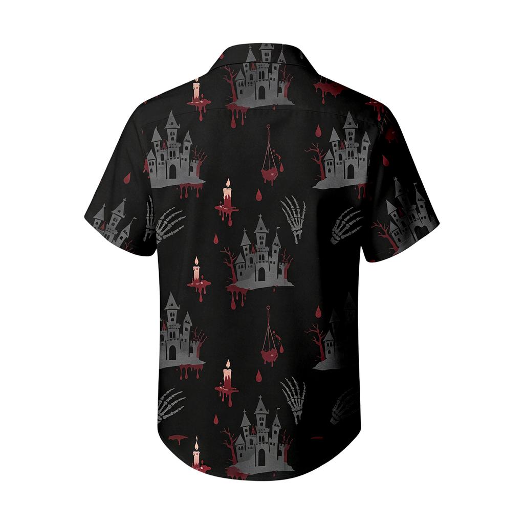 Men's Casual Short Sleeve Halloween Print Button Down Shirt