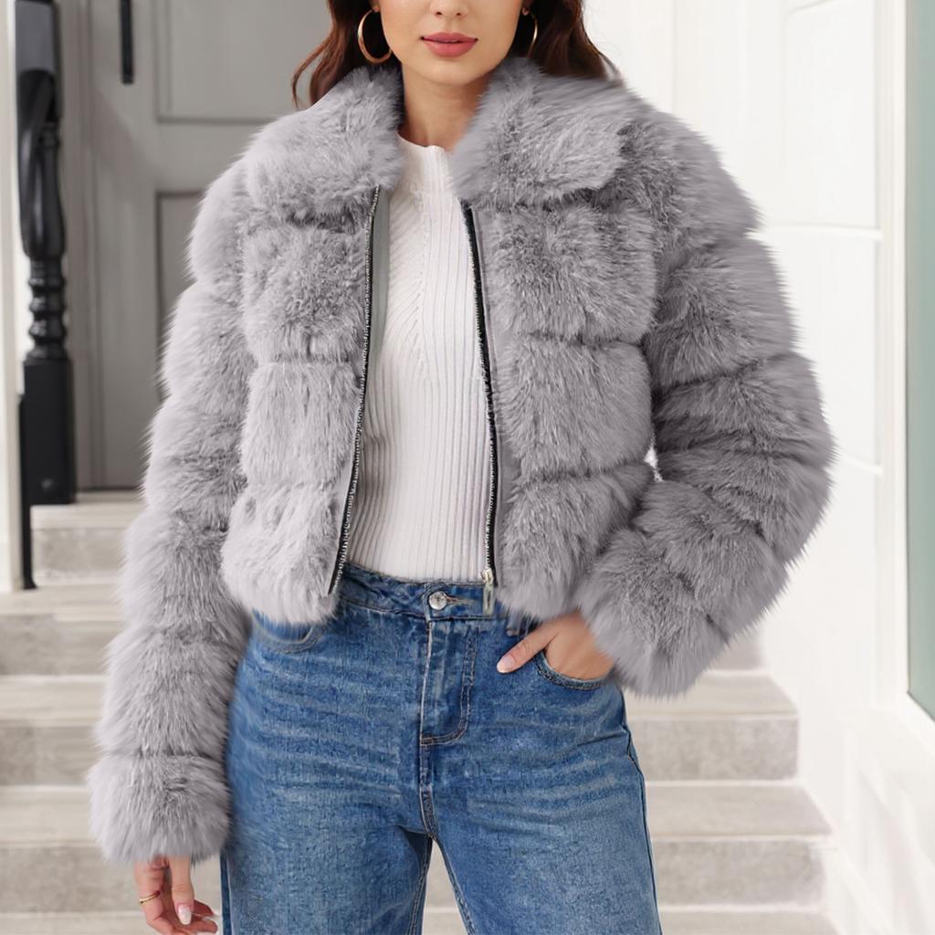 Women's Fashionable Warm Long Sleeve  Solid Color Furry Collar Coat