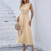 Women's Fashion Casual -Color Waist-Tied Long Sleeveless Dress